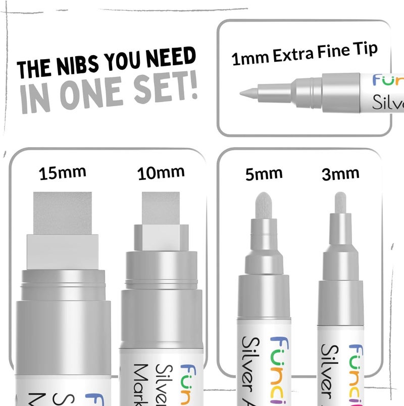 Funcils 5 Acrylic Silver Paint Pen - Silver Marker Metallic Paint Pens for Fabric, Wood, Canvas, Leaf, Metal, Glass, Plastic - Permanent Pen Fine Tip, Thin Point & Jumbo (1mm, 3mm, 6mm, 10mm, 15mm) - Image 2